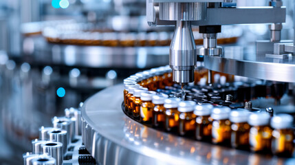 Automated Pharmaceutical Production Line with Vials and Precision Machinery