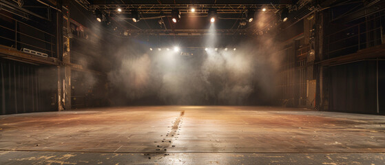 Atmospheric Empty Theater Stage with Dramatic Lighting and Fog - obrazy, fototapety, plakaty
