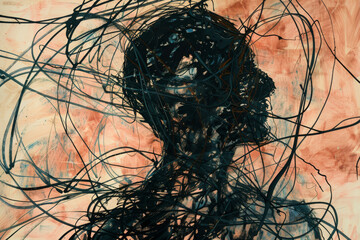 Abstract Expressionist Painting of Human Silhouette Enveloped in Chaos