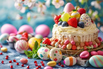 Fototapeta na wymiar Easter cake, easter eggs and flowers on the wooden table.