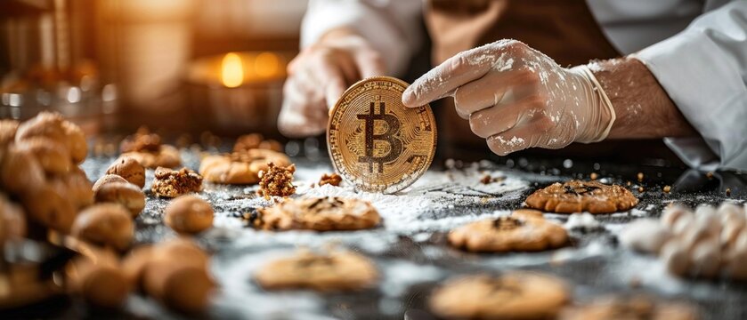 A heavenly chef baking golden Bitcoin cookies
