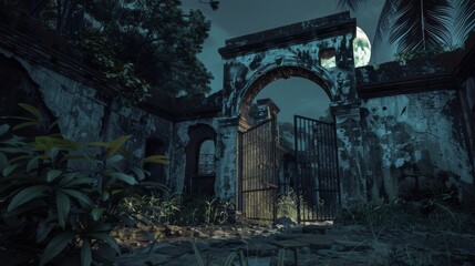 Abandoned Colonial Fort at Night Background - Haunting illustration of an abandoned colonial fort under the moonlight, its crumbling walls overtaken by the jungle created with Generative AI Technology - obrazy, fototapety, plakaty