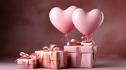 Gift box with pink ribbon and heart-shaped balloons