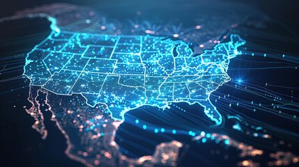 Illuminated digital nodes enliven the USA map in the cyber realm!