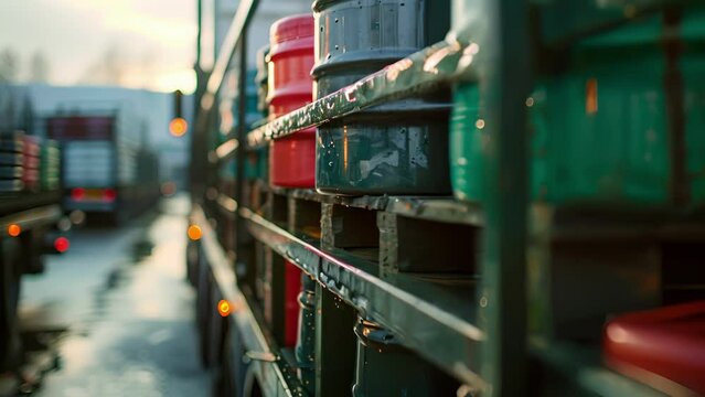 A closeup of a truck transporting large barrels of qualitychecked biodegradable antifreeze from the factory ready to be distributed and used by environmentallyconscious consumers.