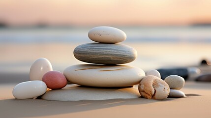 Zen stones on the beach at sunset, concept of harmony and balance