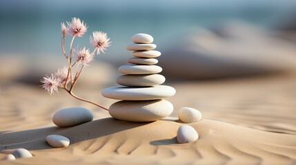 A pyramid of Zen stones on the beach, the concept of harmony and balance