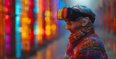 elderly woman wearing a virtual reality headset on a colorful background