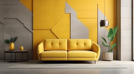 Modern living room interior design with colorful sofa set and colorful wall design.