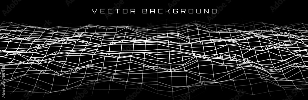 Poster Retro Future Cyber Grid 3D Mesh. Perspective Rectangular HUD Grid with Noise. Vintage Computer Graphics Design. Vector Illustration.