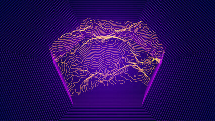 3D Sea Ocean Depth Topographic Topo Map Banner Hexagon Hologram Background. Curvy Wavy Lines Vector Illustration. Hills, Rivers and Mountains. Geography Concept. - obrazy, fototapety, plakaty
