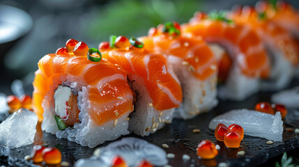 Delicious sushi rolls. Japanese seafood. Sushi servings, preparation, display.	