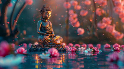 Glowing Lotus flowers and a Gold Buddha statue sitting on water, water lily in the pond, white lotus in a golden magic pond, generative ai