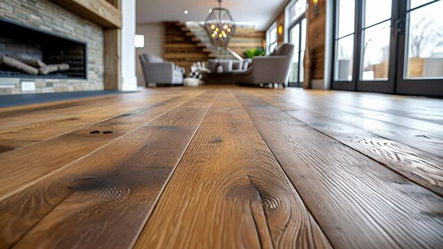 A detailed shot of the stunning reclaimed oak hardwood flooring adding warmth and character to this ecoconscious renovation.