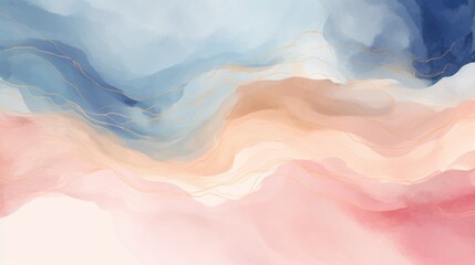 Horizontal Watercolor art background with brush and gold line in pastel colors, smooth waves. Layout for postcards, flyers, posters, book covers, banners, advertising and design. Copy Space