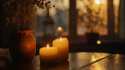Küchenrückwand glas motiv two burning candles on a table in the dark room © jr-art