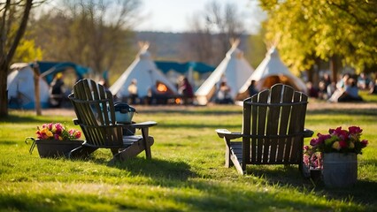 White canvas teepees or wigwams camped in a park
