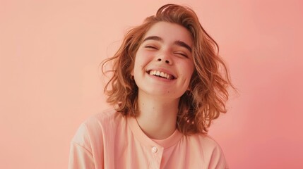 Smiling and Laughing Girl in Bright Attire - obrazy, fototapety, plakaty