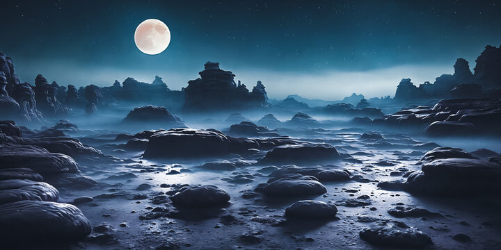 Lunar Dreamscape. Dreamy depiction of a moonlit landscape on a desolate alien world