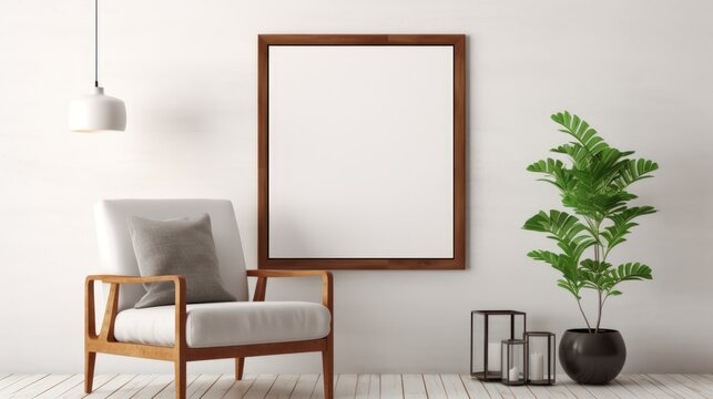 Empty frame in a living room interior with an armchair.