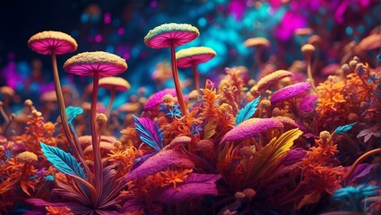 Fototapeta na wymiar Journey to a magical country with colored mushrooms and crystals