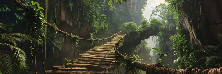 Jungle Bridge Vines Background - Over a Ravine a precarious bridge made of vines and wooden planks, stretching across a deep ravine in the heart of the jungle created with Generative AI Technology - obrazy, fototapety, plakaty