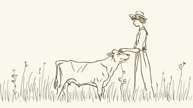 Continuous single drawn one line woman doi cow depict