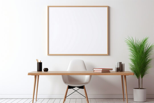 An HD-captured image portraying an office interior with a blank white empty frame, minimalistic appeal, mockup design, and a beautiful fusion of simple, colorful accents.