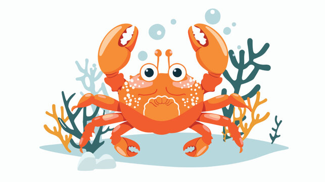 Cute crab with coral sea life character flat vector