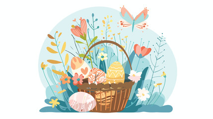 A basket with Easter eggs spring flowers and a butter