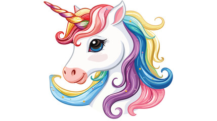 Cute funny head of white unicorn with rainbow curly 