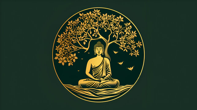 Gold buddha Meditate under Bodhi tree circle on green background, Golden Bouddha logo, Gold Buddha Meditate under Bodhi Tree Circle, Generative Ai