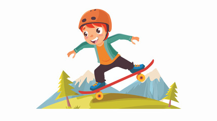 Cute little boy mounted in skateboard in the landscape