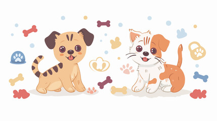Obraz na płótnie Canvas Adorable Cat and Puppy Flat Vector Illustration.