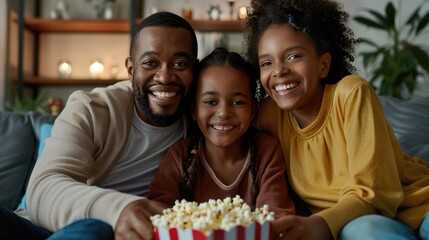 Obraz premium Happy family enjoying a movie experience with smiles and popcorn together in the living room.