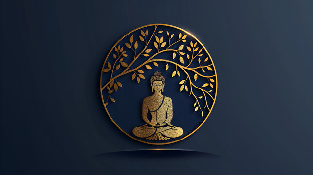 Gold buddha Meditate under Bodhi tree circle on Blue background, Golden Bouddha logo, Gold Buddha Meditate under Bodhi Tree Circle, Generative