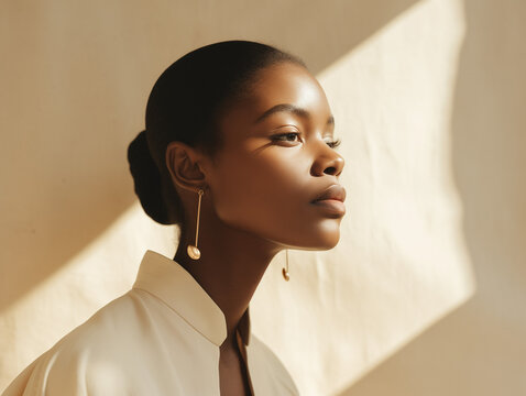 A photo of a minimal modern fashion shoot with young black women, featuring an oversized beige shirt and large gold earrings, in muted earthy colors, with creative editorial photography.