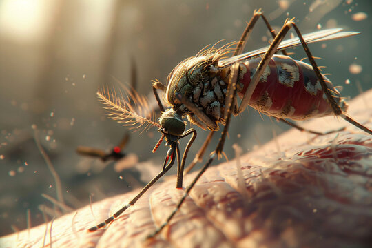 A 3D animated scene depicting a mosquito biting into flesh with detailed skin textures
