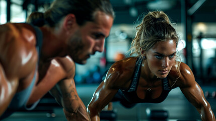 Fototapeta na wymiar A man and woman in a gym setting engaged in a workout routine that involves pushups
