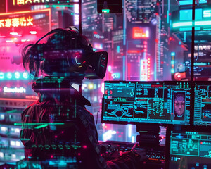 An AI art generator depicting a gamer immersed in a cyberpunk world filled with neon lights - obrazy, fototapety, plakaty