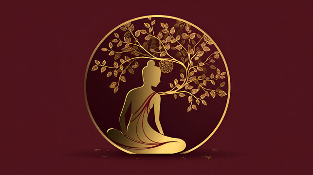 Gold buddha Meditate under Bodhi tree circle sign style vector, Golde Bouddha logo, Gold Buddha Meditate under Bodhi Tree Circle, Generative Ai