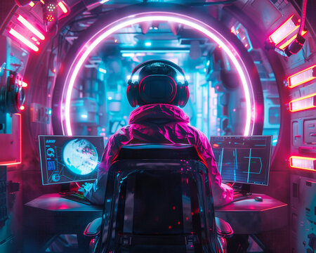 An AI art generator illustrating a gamer in a futuristic environment surrounded by neon lights