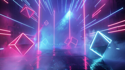 Craft a visually striking 3D animation featuring red and blue geometric elements illuminated by neon lights against a futuristic backdrop