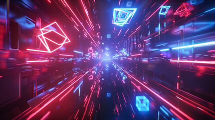 Craft a visually striking 3D animation featuring red and blue geometric elements illuminated by neon lights against a futuristic backdrop