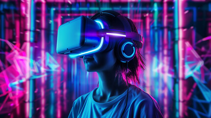 a gamer immersed in a neonlit gaming world wearing a futuristic headset The backdrop should feature a unique 3D animated background that complements the vibrant colors of the neon lights
