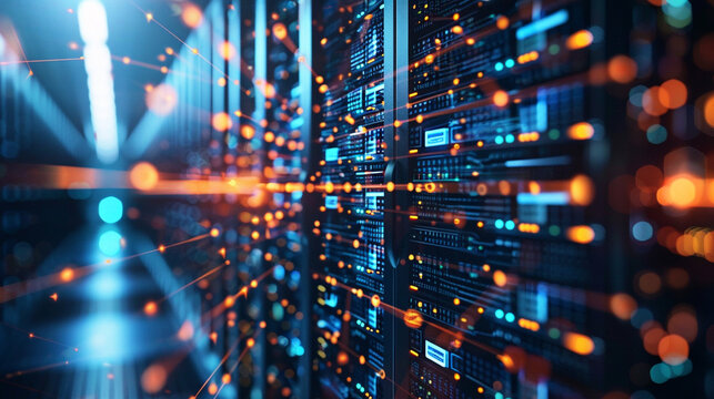 Create a compelling artwork that reflects the intricate connection between server LAN and data showcasing the dynamic interplay of technology and connectivity