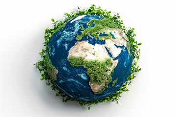Earth globe with green leaves and plants on white background. Environment and conservation concept,World environment day theme on a white backdrop
