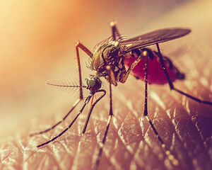 Mosquito hovering over textured human skin poised for a bite