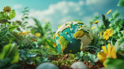 Illustrate a vibrant and visually stunning 3D animation with an ecofriendly message incorporating a backdrop background inspired by the earths natural elements