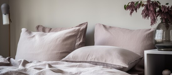 A black and white scene featuring a bed neatly made with grey pillows. The pillows are perfectly arranged, adding a touch of elegance to the room.